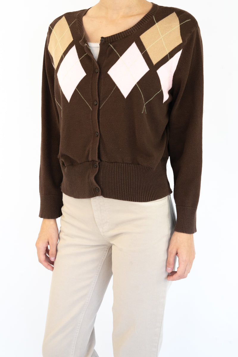 Brown Cropped Argyle Cardigan