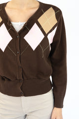 Brown Cropped Argyle Cardigan