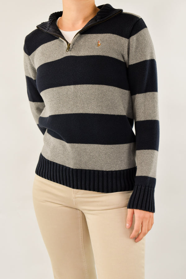 Navy and Grey Striped Quarter Zip Sweater