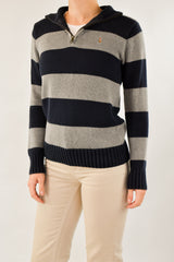 Navy and Grey Striped Quarter Zip Sweater