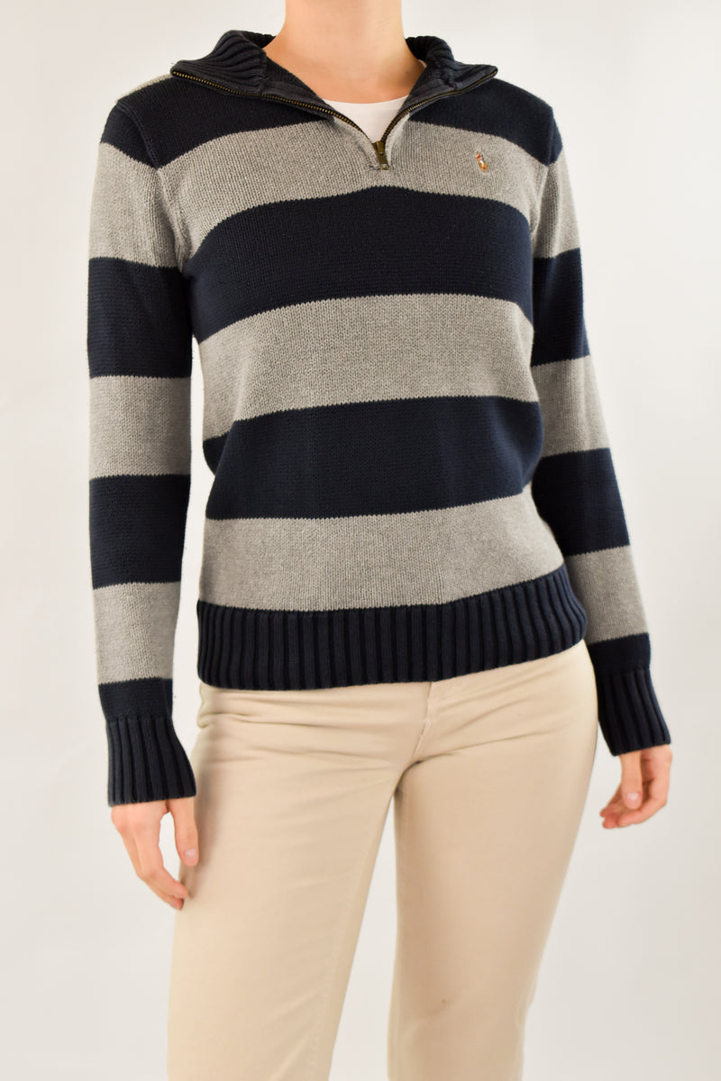 Navy and Grey Striped Quarter Zip Sweater