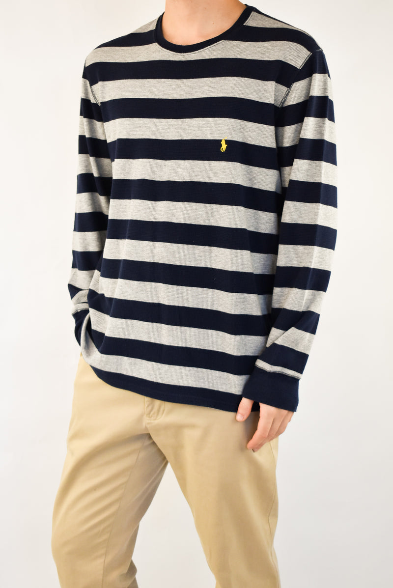 Navy and Grey Striped Knitted Sweater