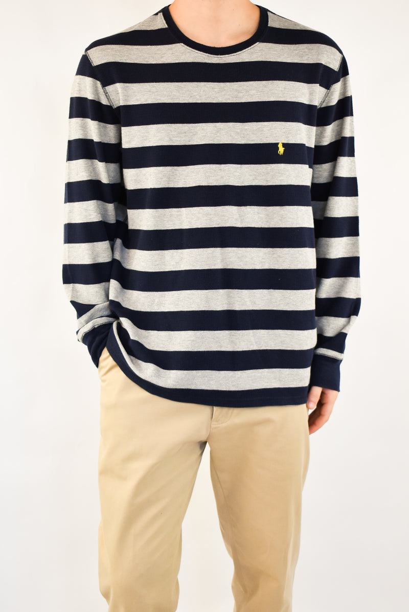 Navy and Grey Striped Knitted Sweater