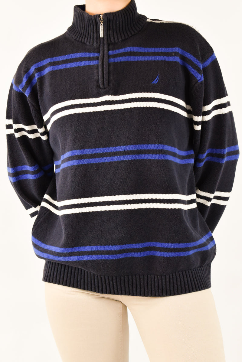 Striped Navy Quarter Zip Sweater