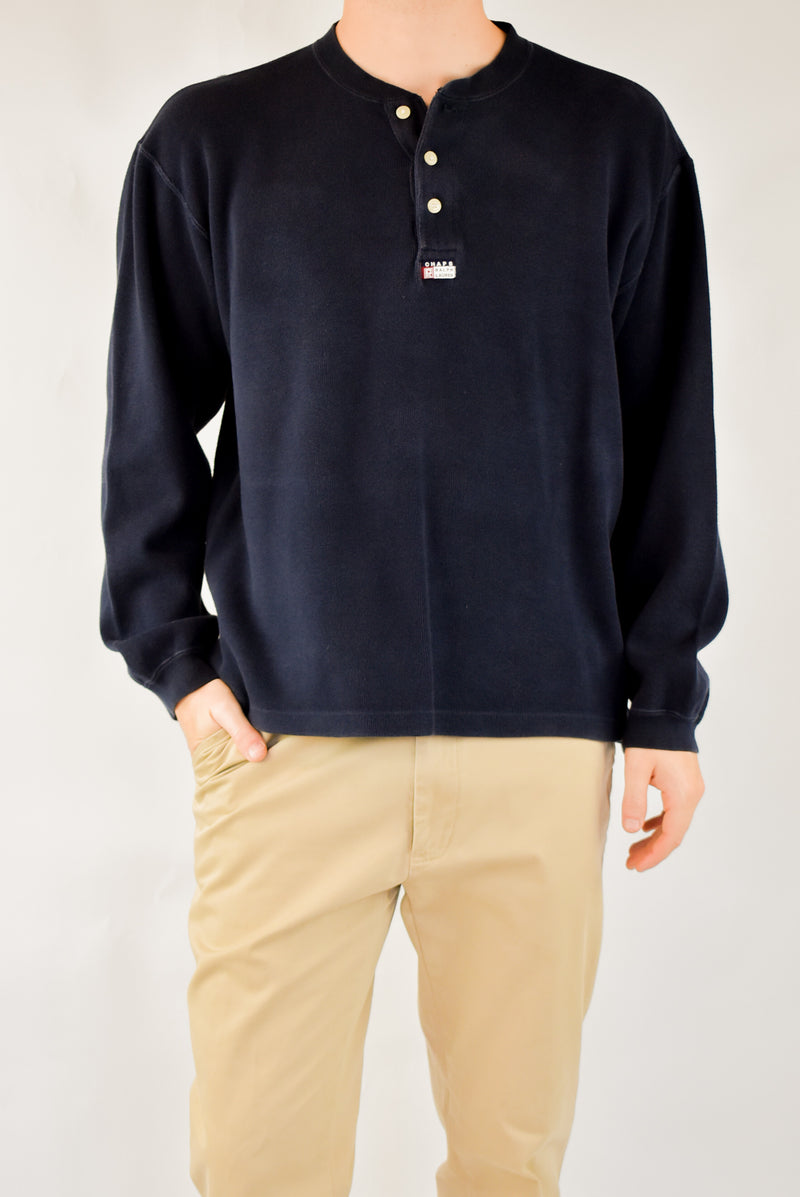 Navy Knitted Quarter Button Up Sweater