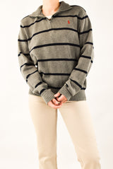 Grey Striped Quarter Zip Sweater