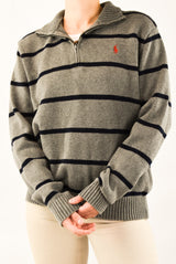 Grey Striped Quarter Zip Sweater